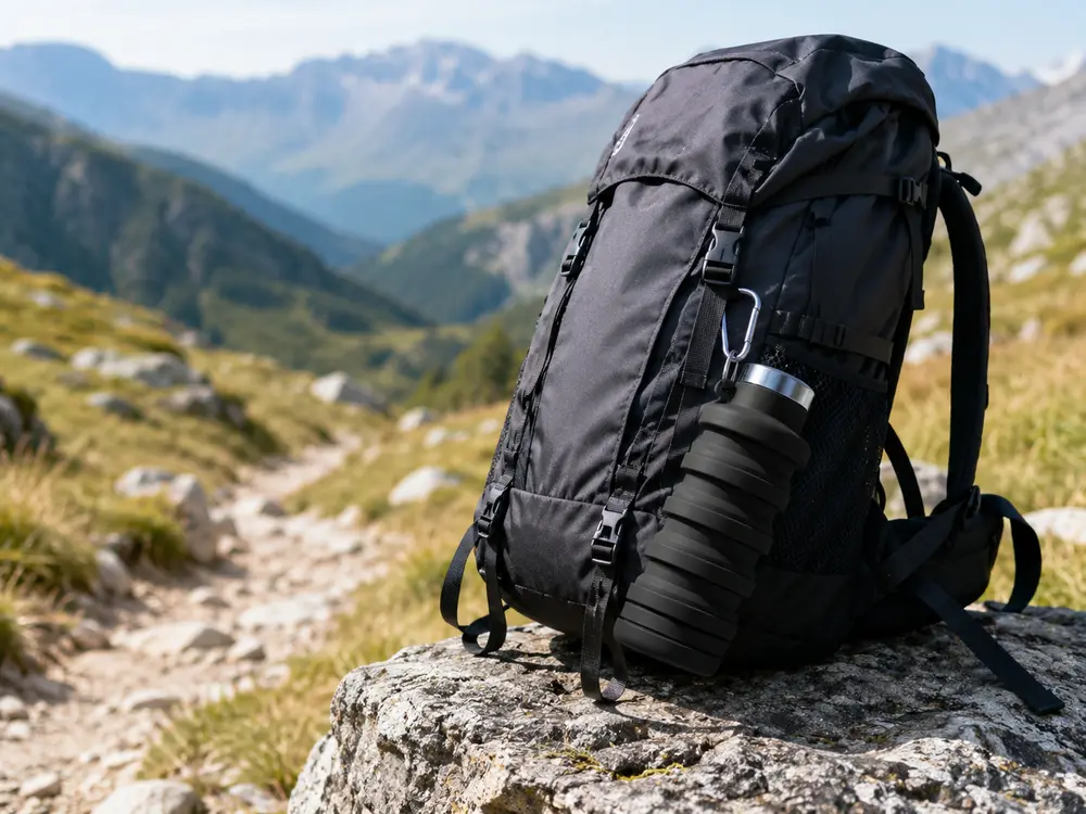 A hiking backpack on a mountain rock with a Black collapsible bottle clipped to it