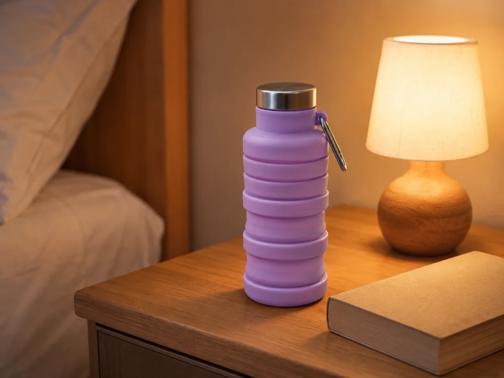 A Lavender collapsible bottle on a bedside table next to a lit lamp