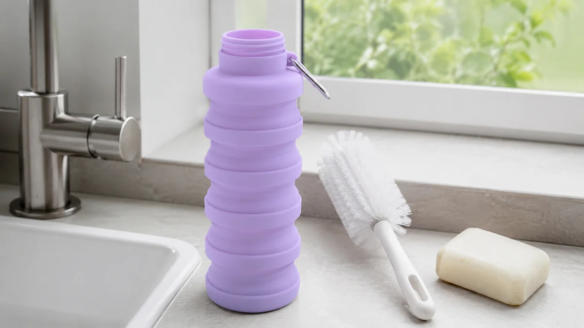A Lavender silicone bottle unfolded beside a bottle brush and soap at a kitchen sink