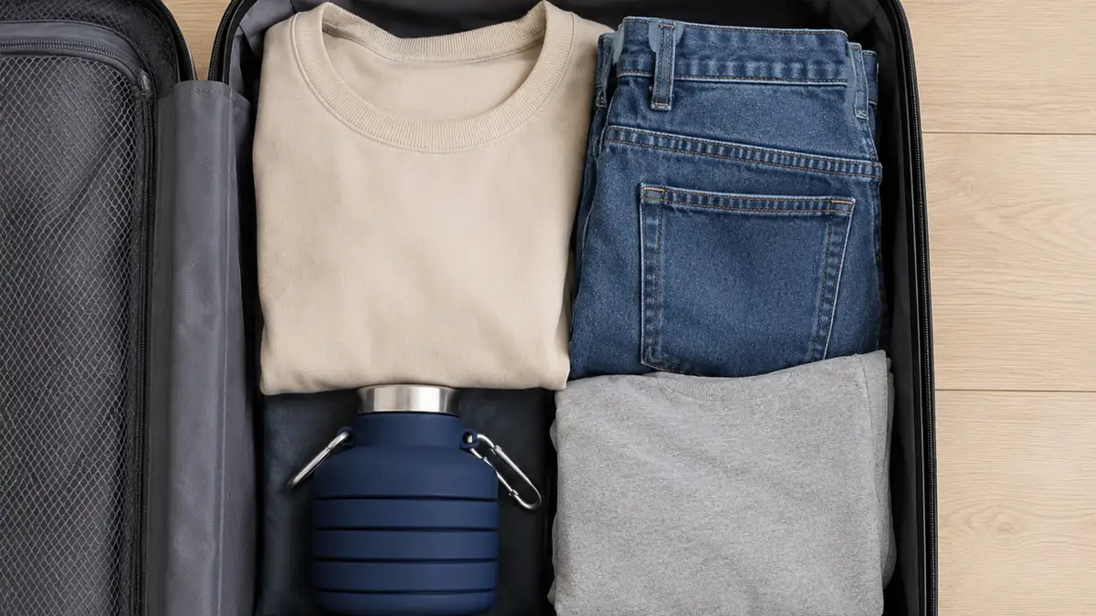 A folded Slate collapsible bottle packed flat inside an open carry-on suitcase between clothes