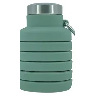The same Sage silicone water bottle collapsed down flat, its food-grade silicone body pressed accordion-style with the stainless-steel cap on top
