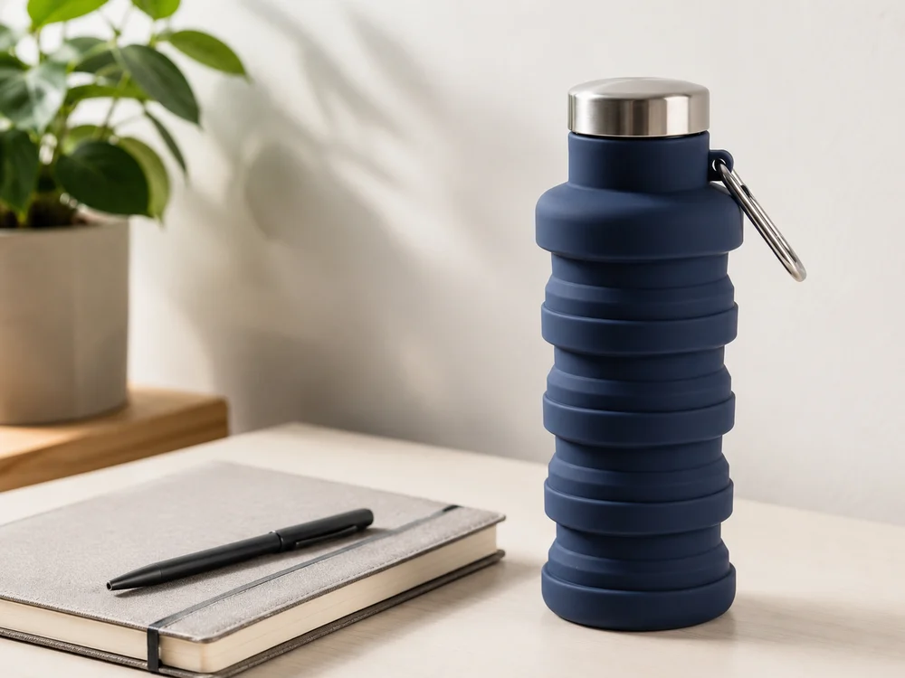A Slate collapsible water bottle standing on a desk beside a notebook and pen