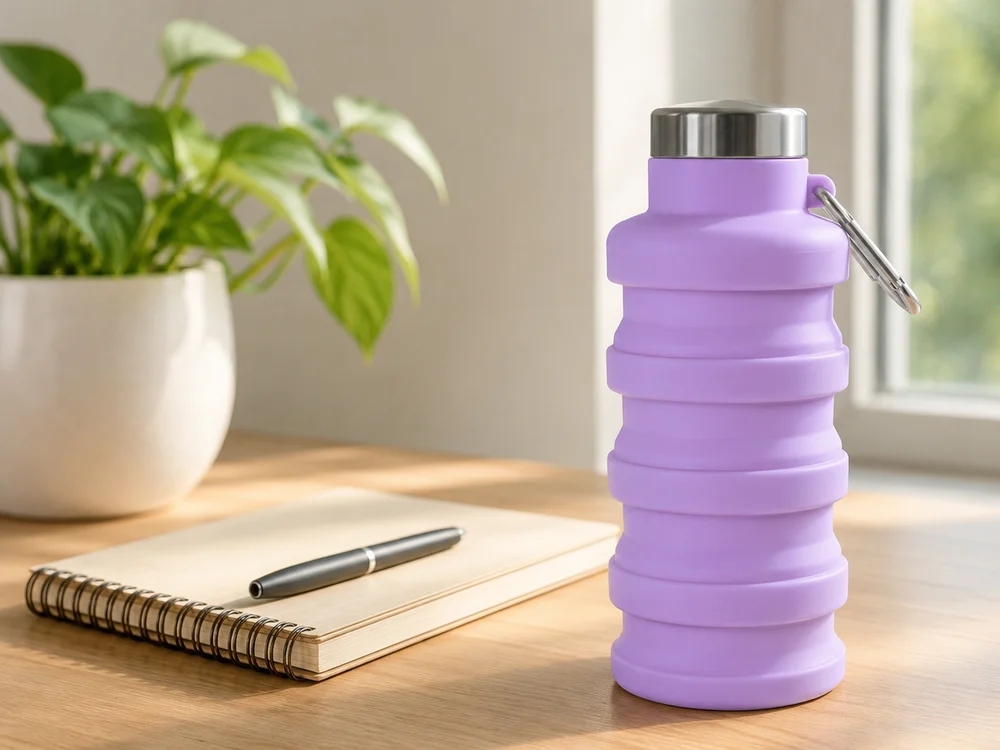 A Lavender collapsible bottle on a bright desk beside a notebook and a plant