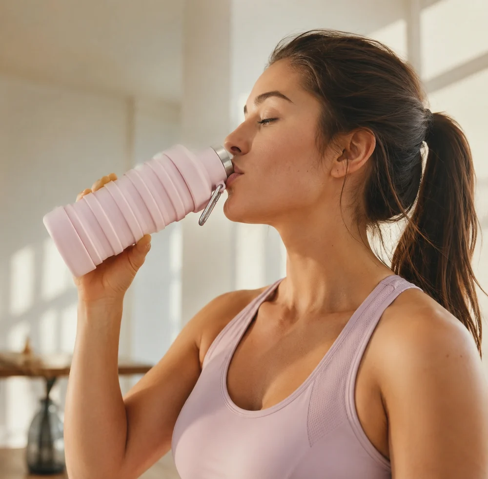 A woman drinking from a Blush collapsible water bottle indoors