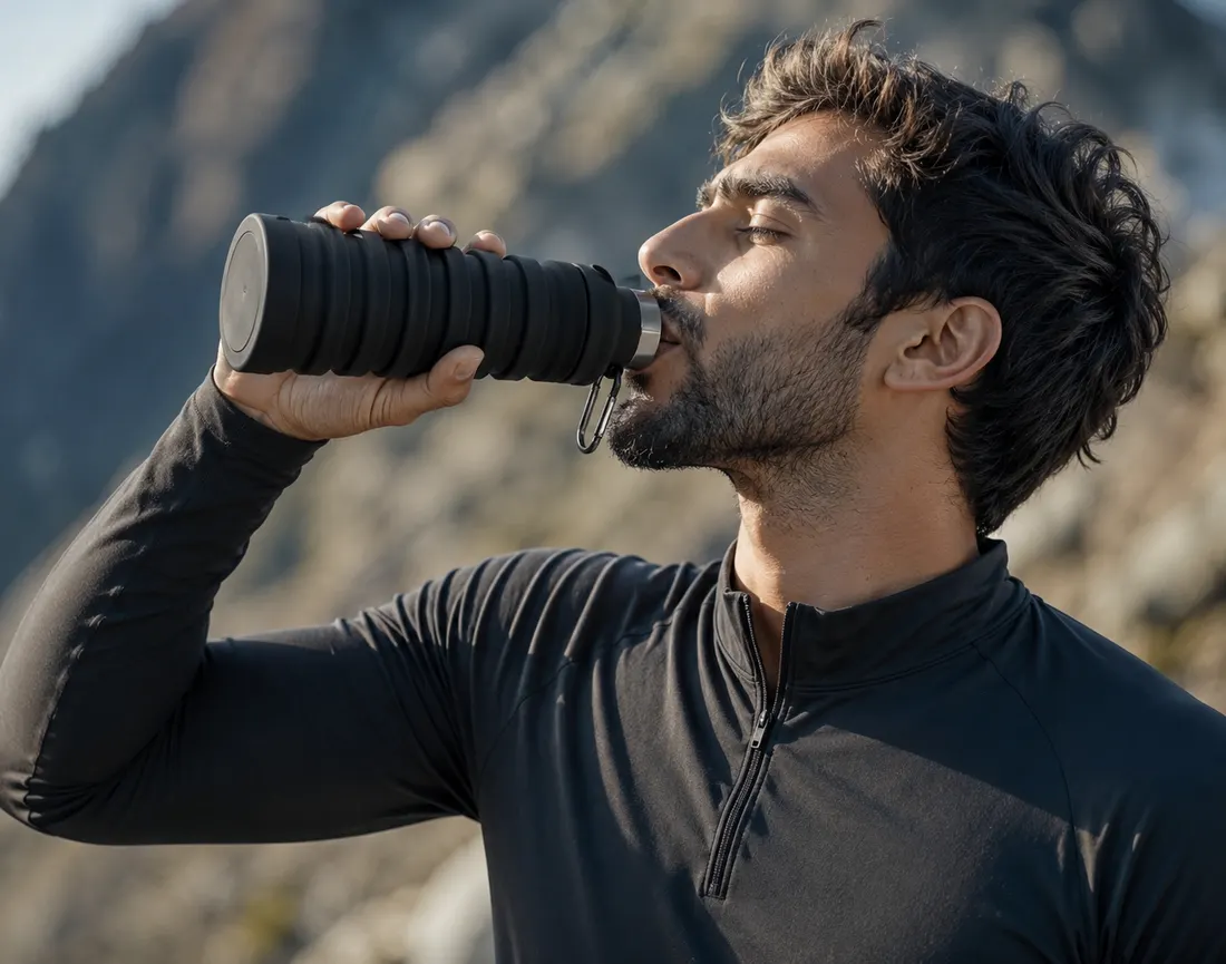 A man drinking from a Black collapsible water bottle outdoors