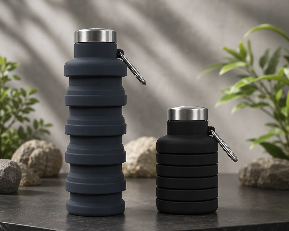 A Slate bottle at full height beside a folded Black one, on a stone surface