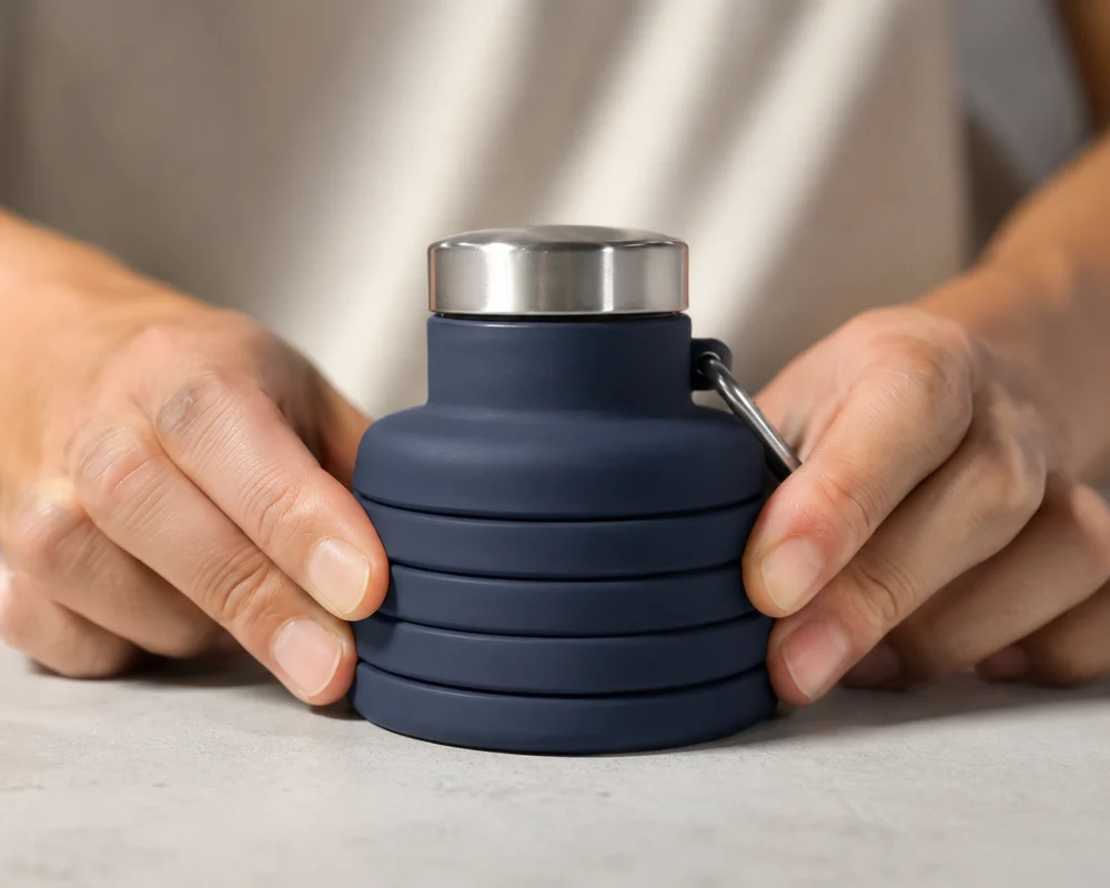Two hands pressing a navy Squishly bottle down its ribs until it locks at its folded height