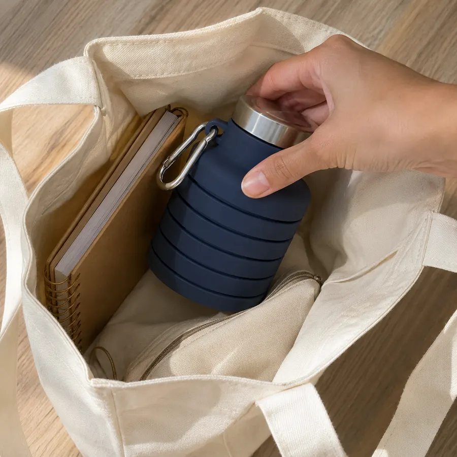 The folded bottle dropped into a tote bag