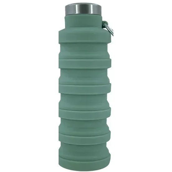 Squishly collapsible silicone water bottle in sage green with its stainless steel screw cap, ready to unfold for cleaning