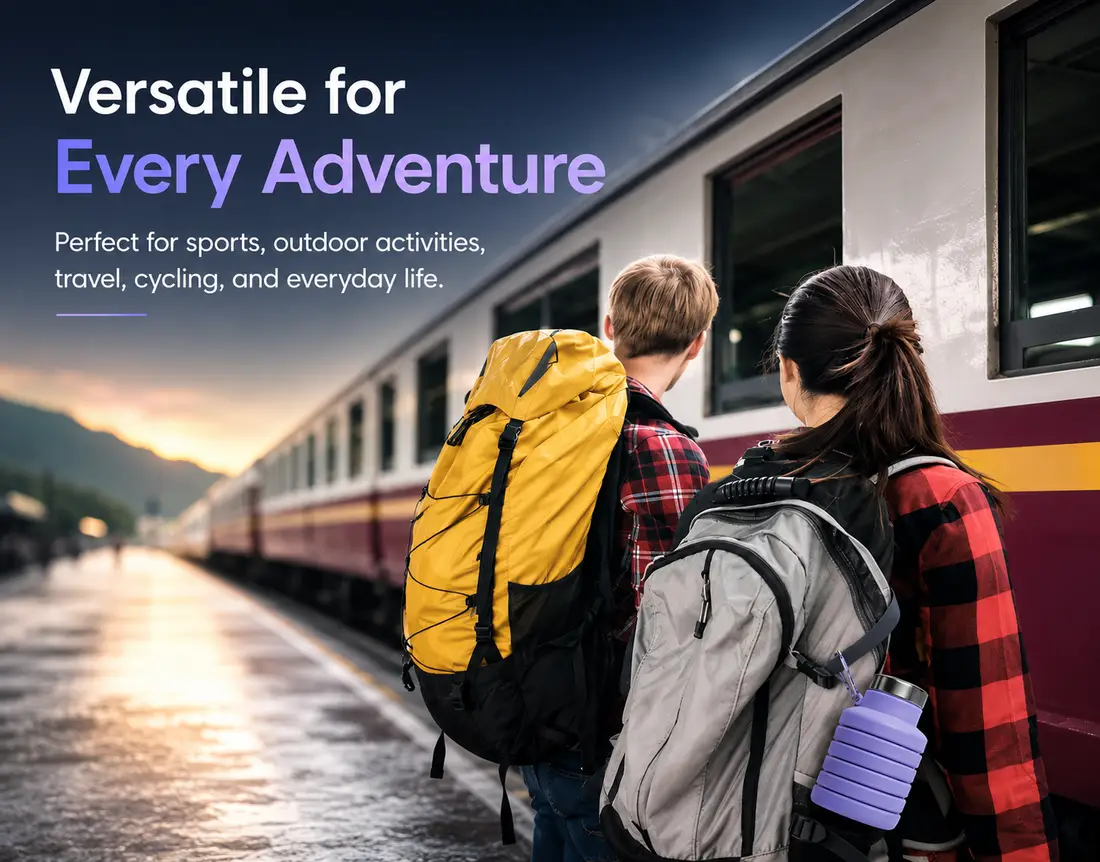 Two travellers with backpacks on a station platform, a Lavender bottle clipped to one pack