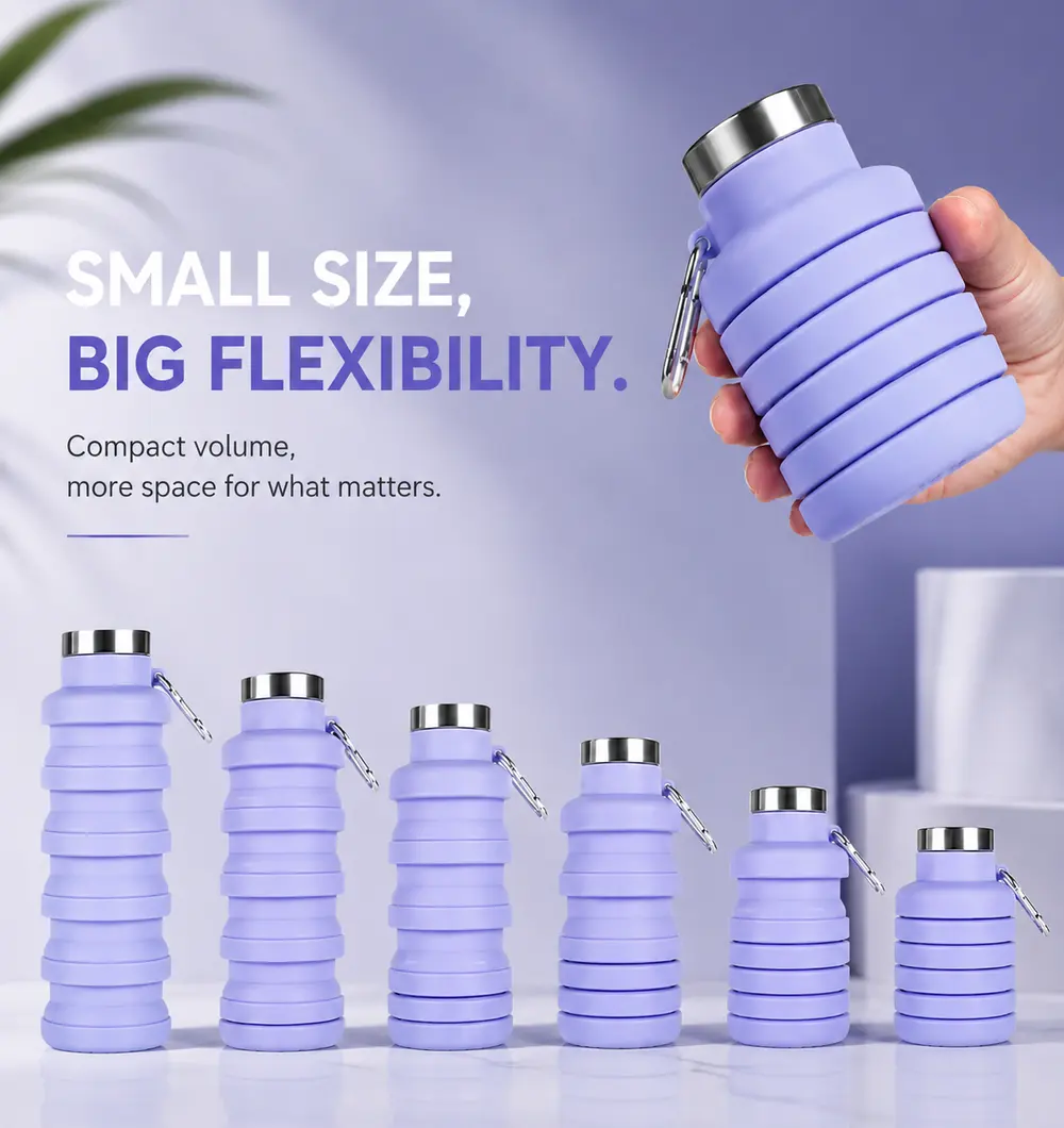 The same Lavender bottle photographed at six stages between full height and fully folded