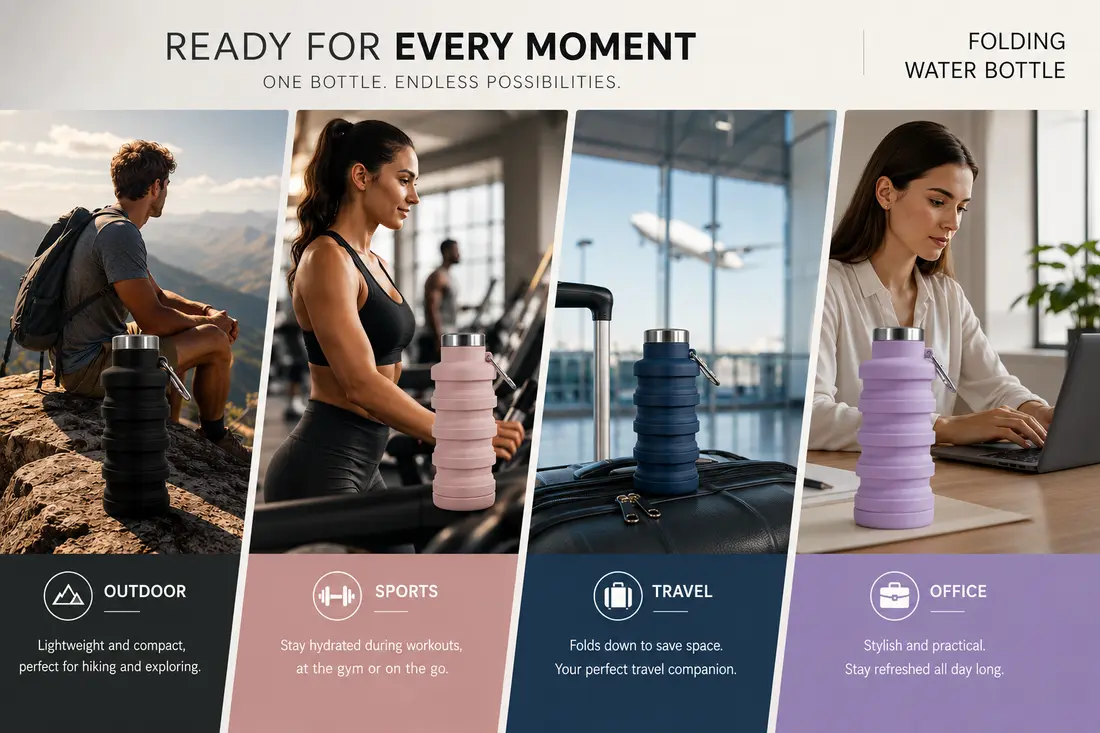 The same bottle shown across four moments: outdoor, sports, travel and office