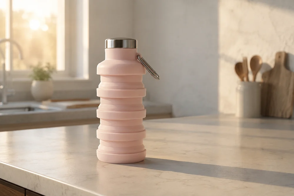A Blush silicone bottle standing on a bright kitchen counter