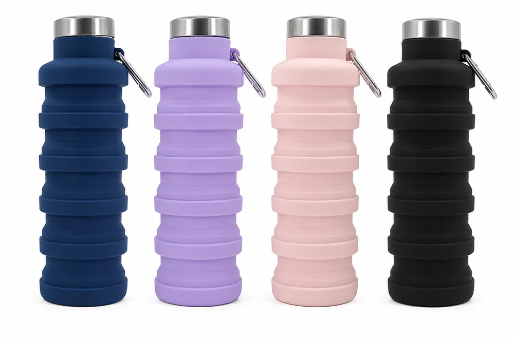 The four Squishly colors standing side by side: Slate, Lavender, Blush and Black