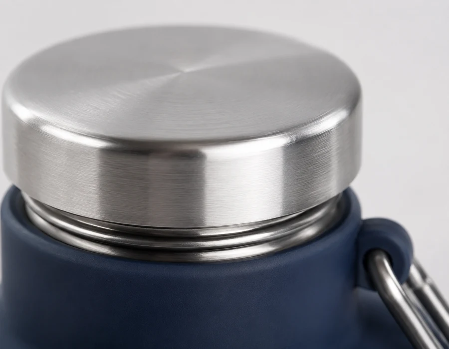 Close view of the brushed stainless steel screw cap on a Slate collapsible bottle