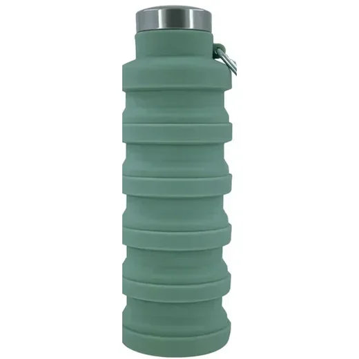 The Squishly collapsible silicone water bottle expanded and folded down beside its stainless steel cap and carabiner