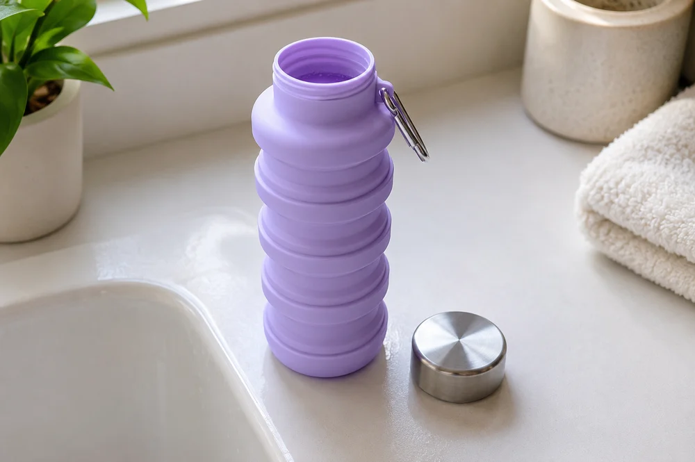 A Lavender collapsible bottle open beside a bathroom sink with its cap set down