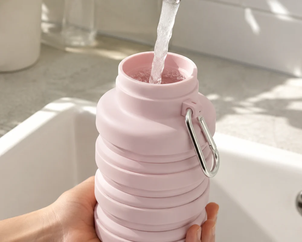 A Blush collapsible water bottle being filled at a kitchen tap, held open by hand