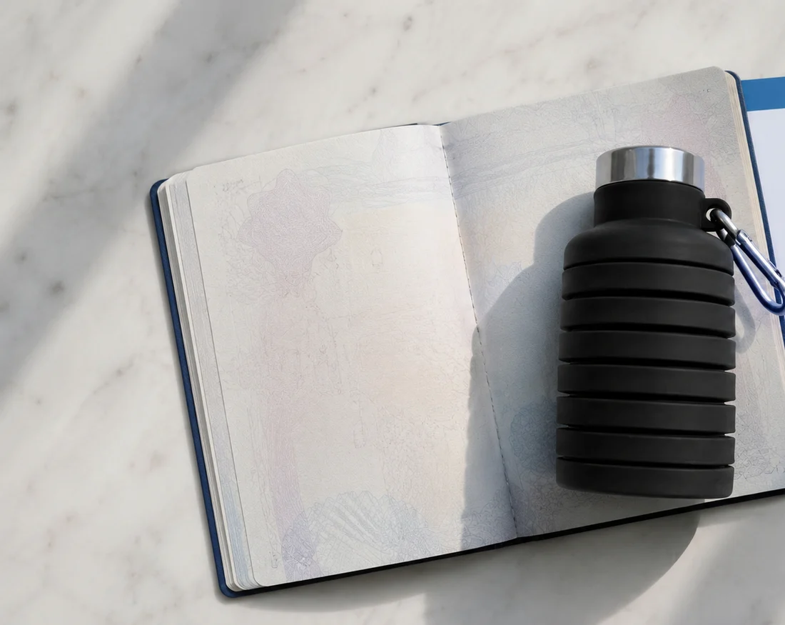 A folded Black collapsible bottle on an open notebook beside a boarding pass