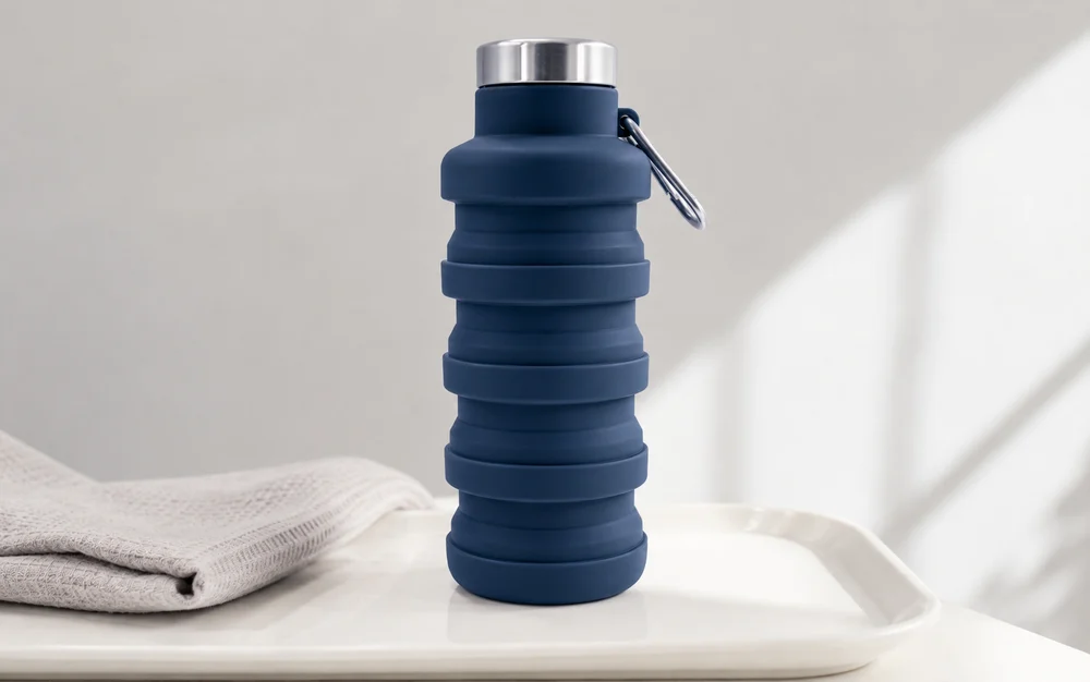 A Slate collapsible bottle on a tray beside a folded white towel