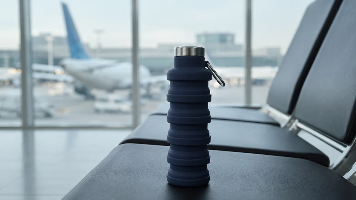 A Slate Squishly collapsible water bottle standing empty on an airport waiting-area seat, planes visible outside
