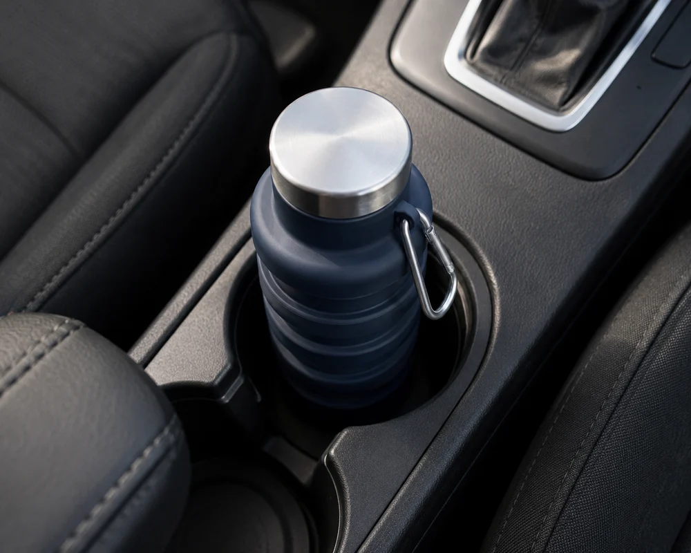 A folded navy Squishly bottle sitting in a car center-console cup holder, carabiner clipped to the side