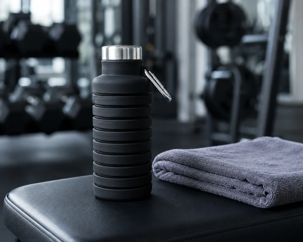 A Black collapsible water bottle and a folded towel on a gym bench