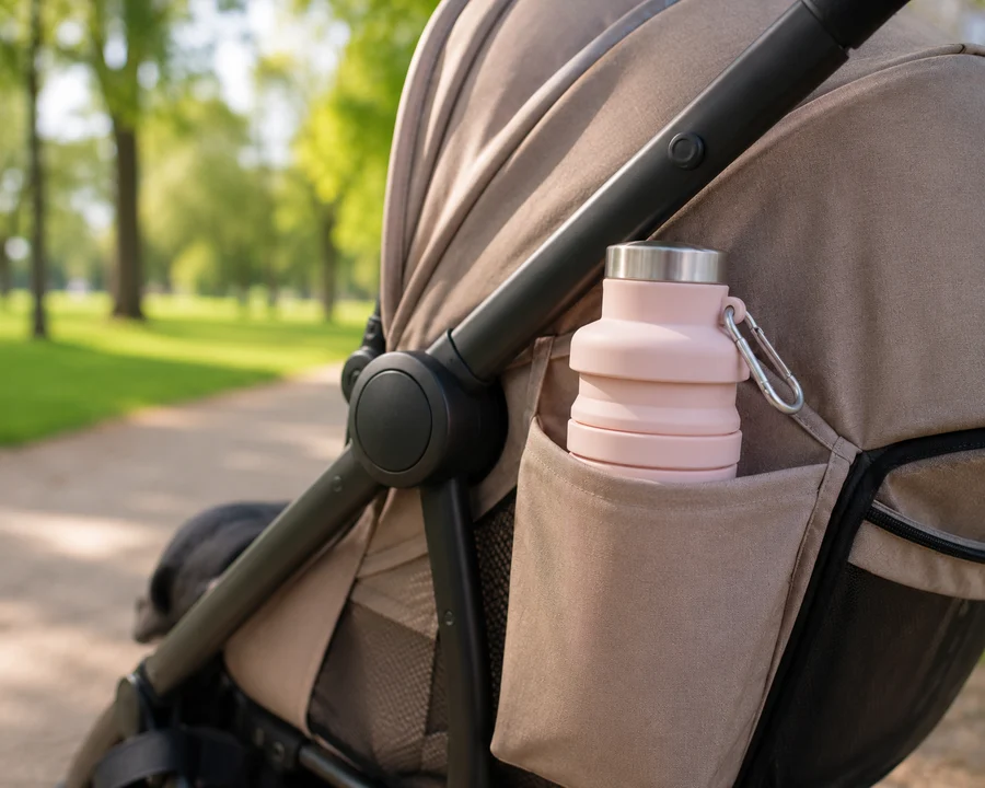 A Blush collapsible bottle slipped into the side pocket of a stroller