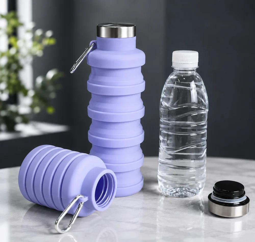 A folded Lavender collapsible bottle next to a rigid single-use plastic water bottle of similar capacity